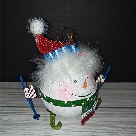 Pier 1 Imports 5.5" Glitter Skiing Snowman Ball Christmas Holiday Tree Ornament - Picture 8 of 9
